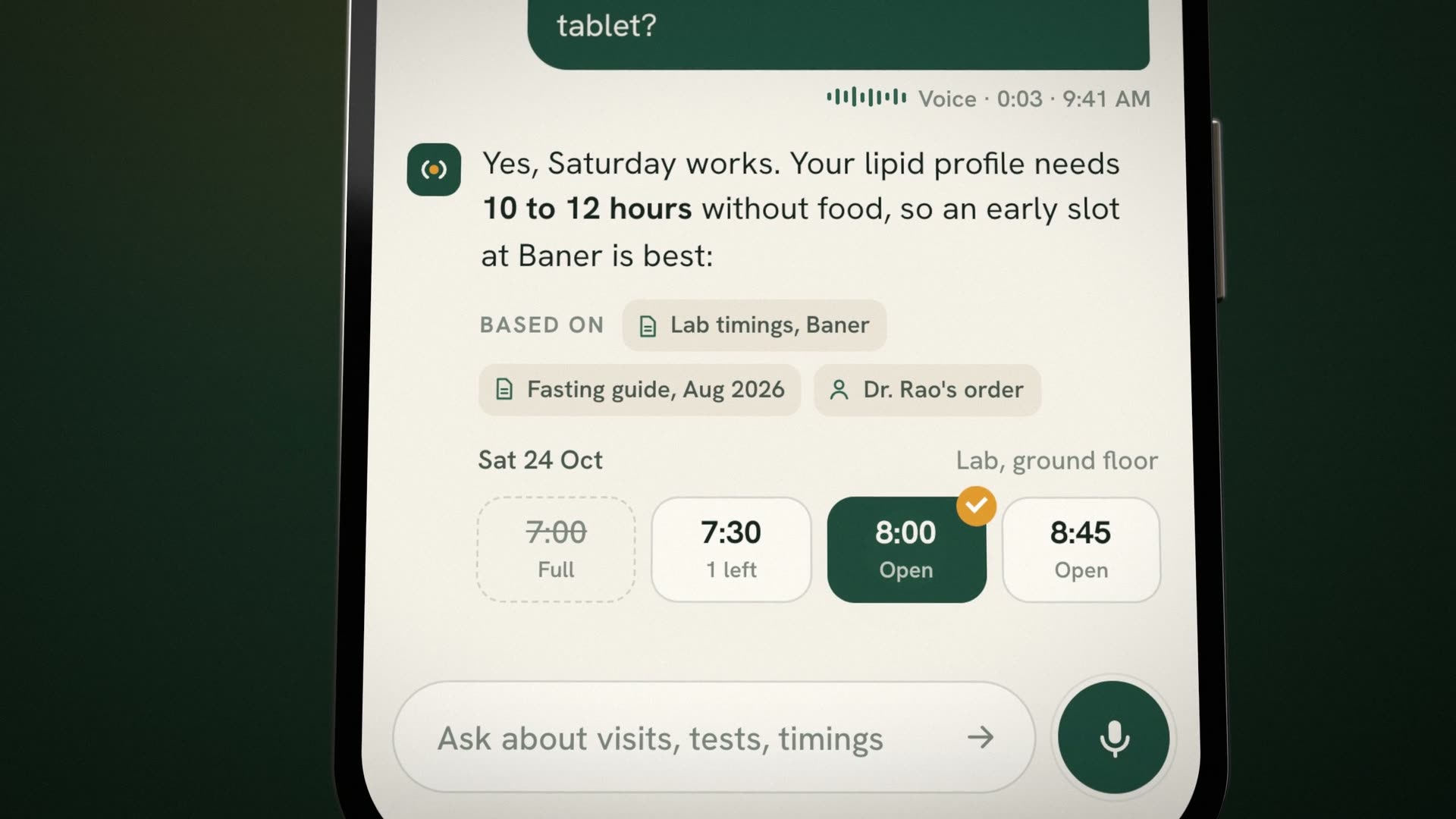 The answer on a phone, close: Yes, Saturday works, with its sources and four Saturday slots, 8:00 picked.
