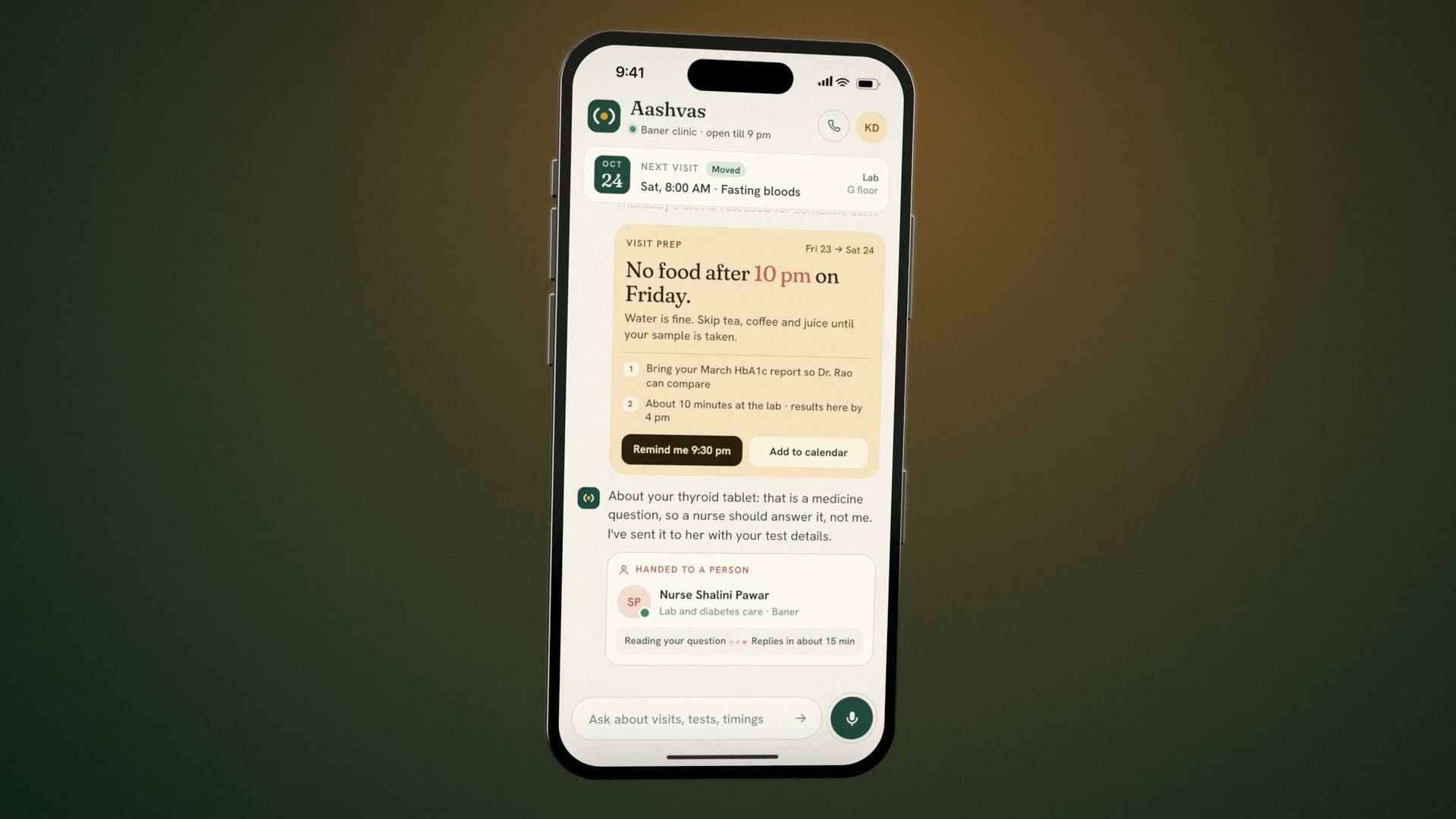 The phone showing the handoff card: Handed to a person, Nurse Shalini Pawar, replies in about 15 minutes.