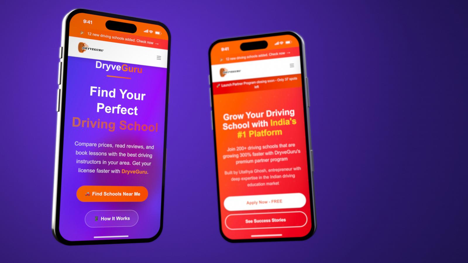 Two phones facing each other: the purple DryveGuru learner homepage and the orange-red partner page