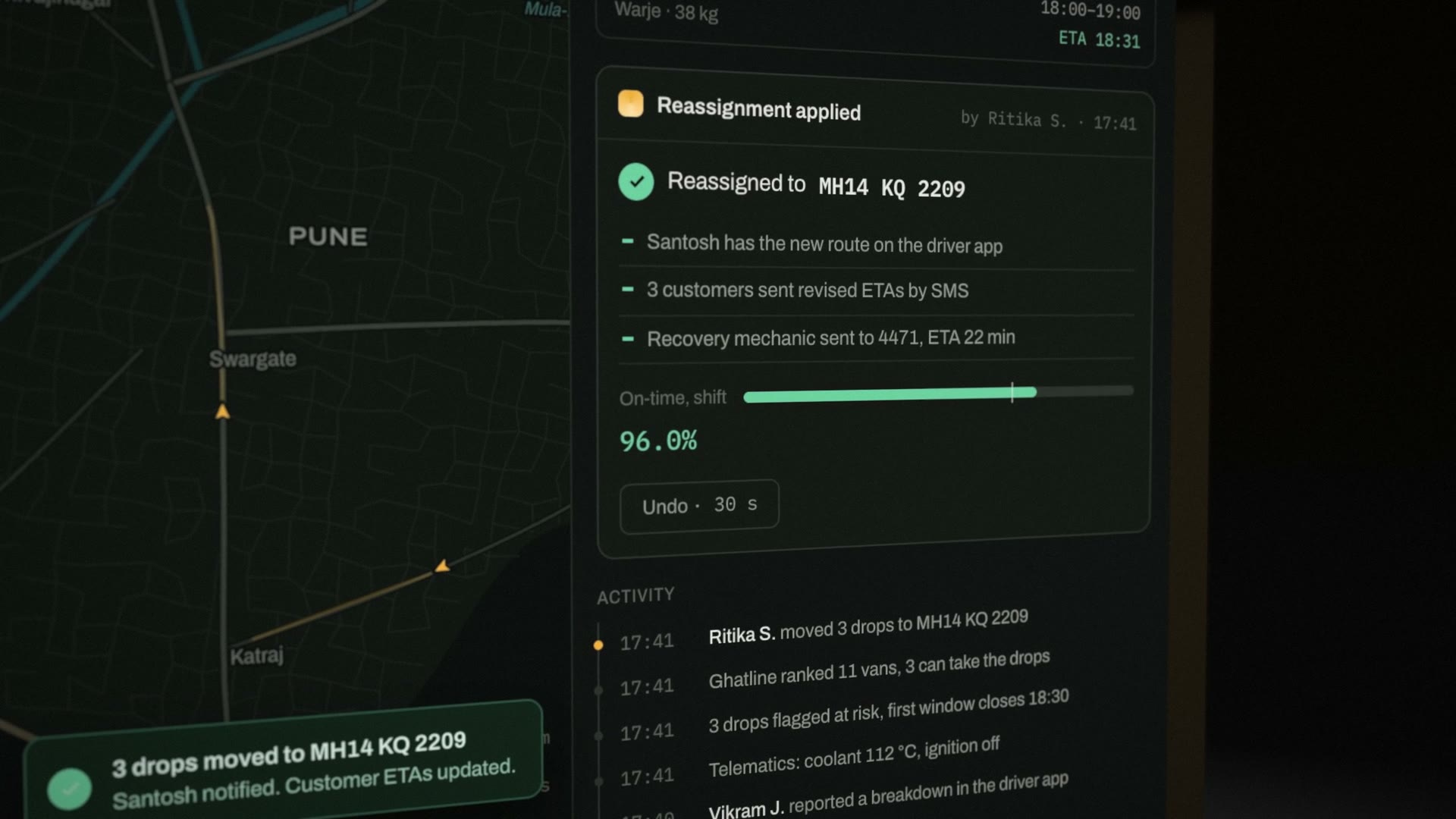 The confirmation: reassigned to MH14 KQ 2209, the driver has the route, three customers sent revised ETAs, a recovery mechanic sent, and the activity log.