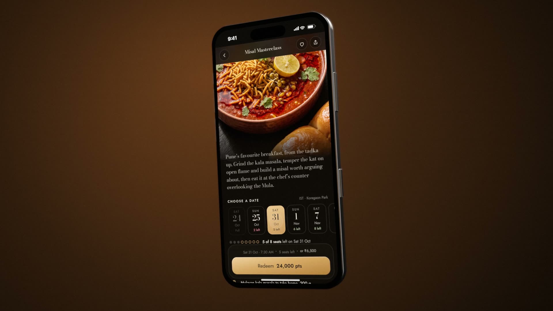 The Misal Masterclass page on a phone: the blurb, six dates with seats left, and the Redeem bar.