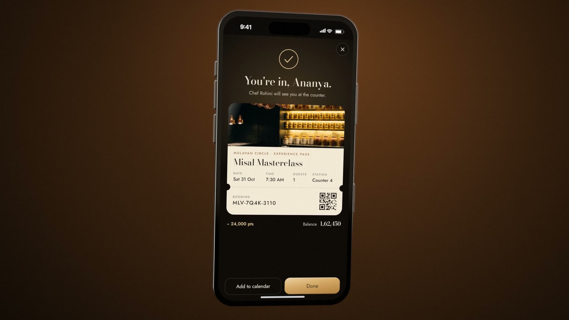 The confirmation screen: You're in, Ananya, with a cream experience pass, booking code and QR.