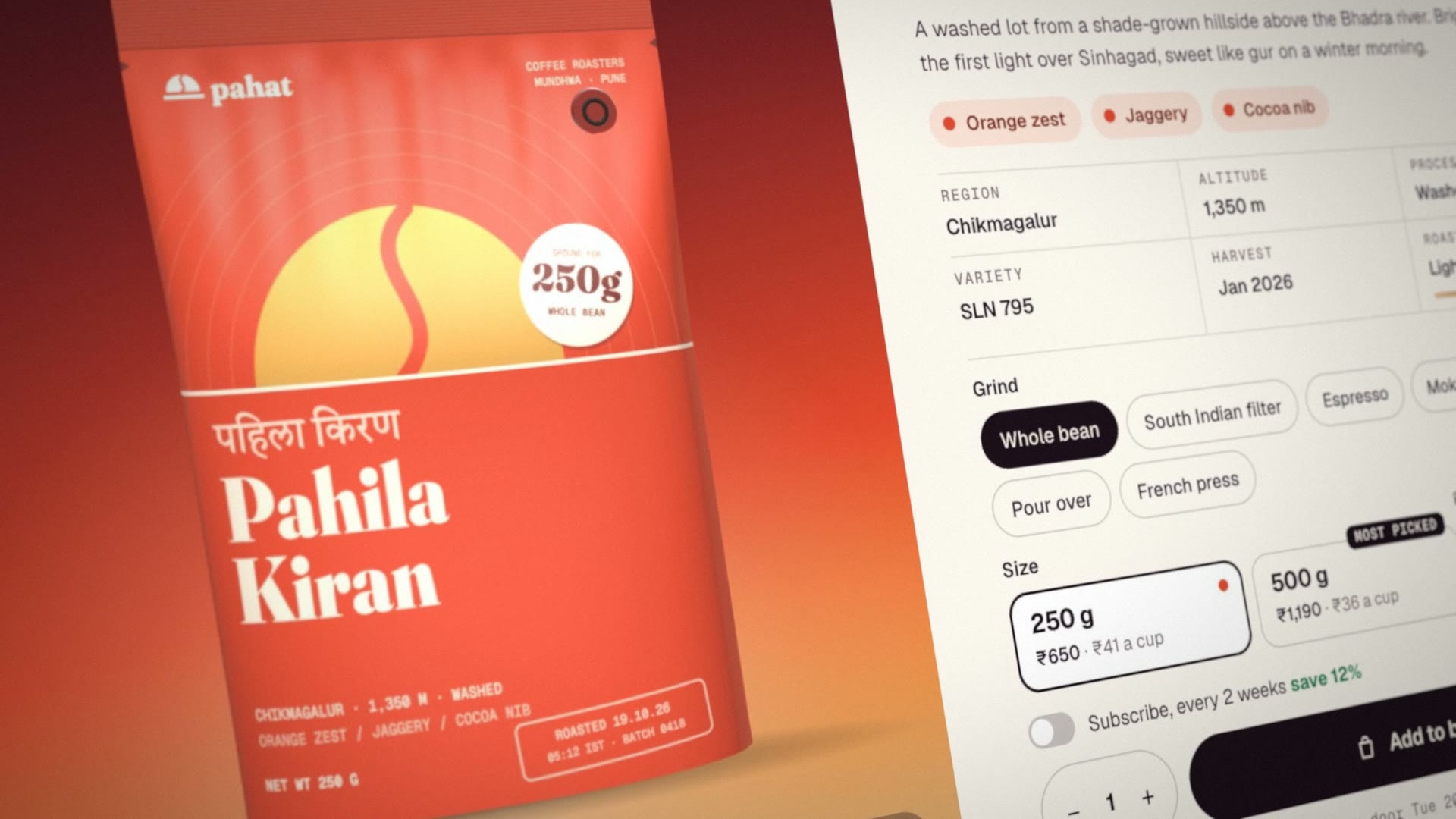 The Pahila Kiran pouch close up: a half sun with a coffee-bean crease rising over the horizon, the name in Devanagari and Fraunces, and a 250 g whole bean sticker.