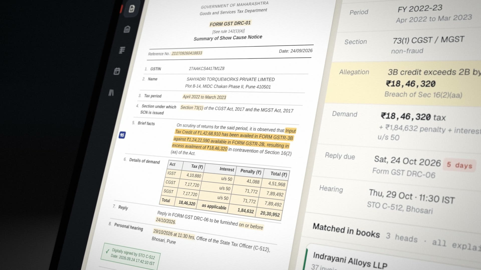 The notice page and the extracted fields side by side: the brief facts and the demand table highlighted in amber, the allegation field lit.