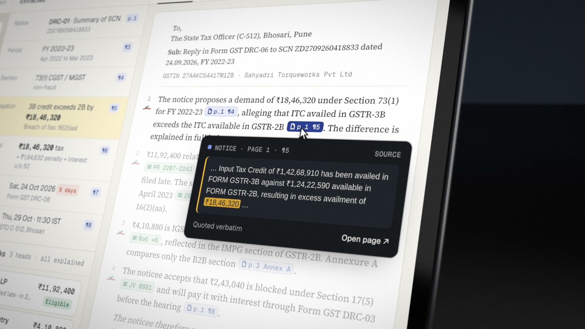 The reply draft on a laptop, close: a notice citation is hovered and a dark card quotes the notice paragraph, with the disputed amount highlighted.