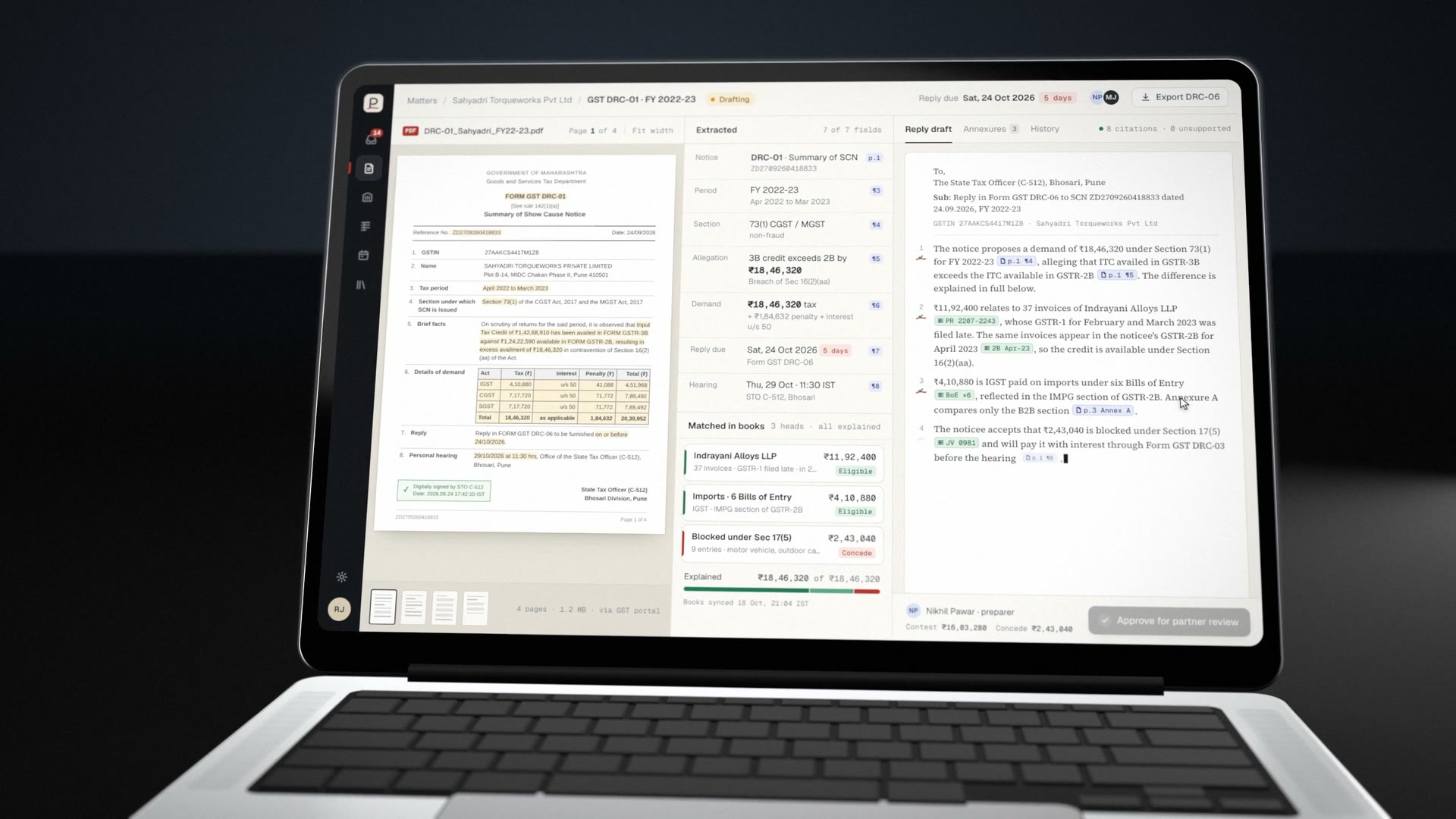 The whole workspace on a laptop: the notice, the extracted fields and matched ledger heads, and the finished reply draft.