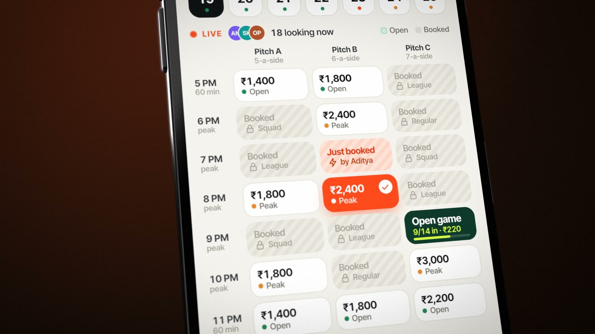 8 PM on Pitch B picked: the cell in Raada orange with a white tick, 2,400 rupees, peak.