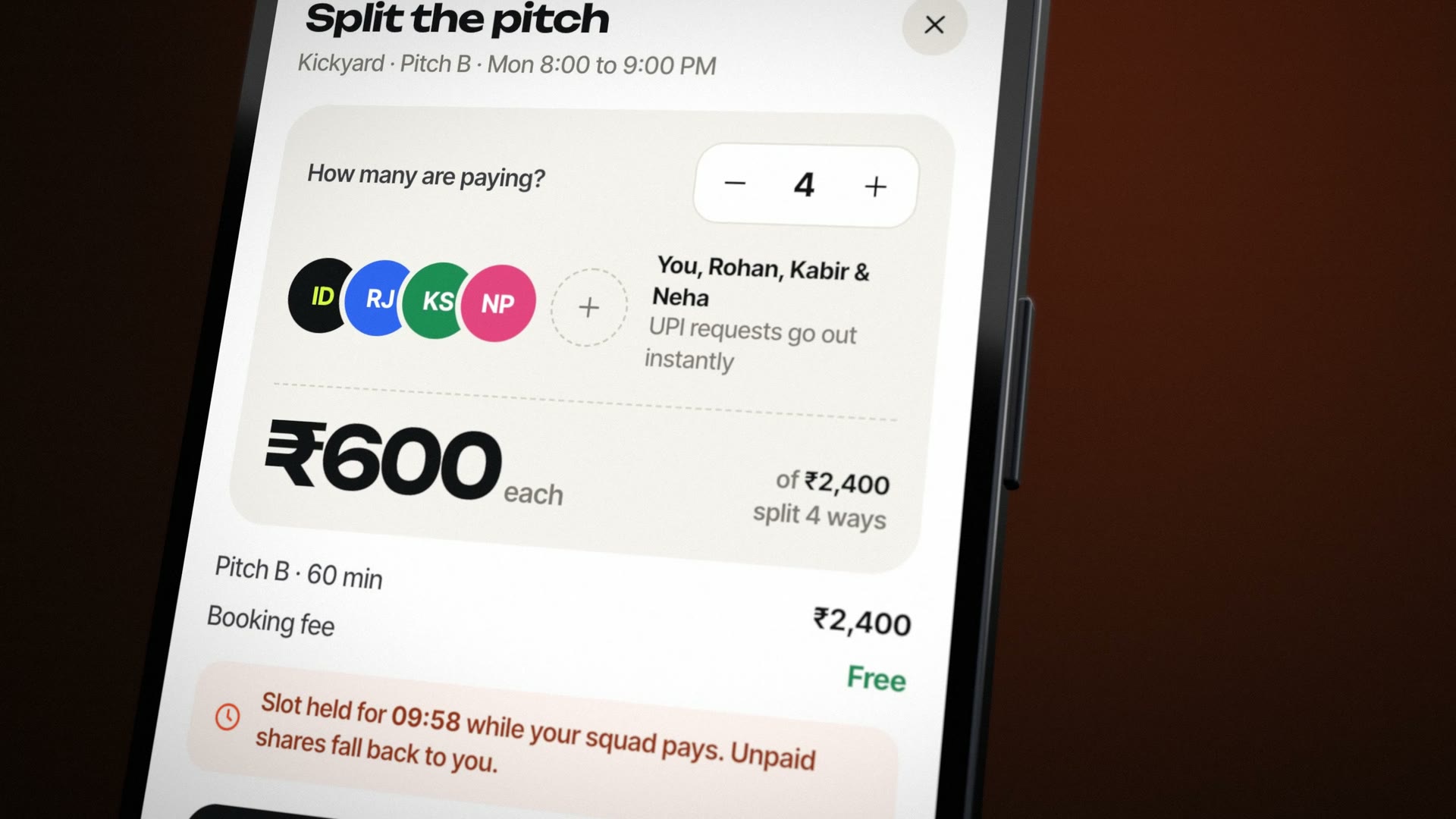 The split sheet: four paying, You, Rohan, Kabir and Neha, 600 rupees each of 2,400, the slot held for 9:58.