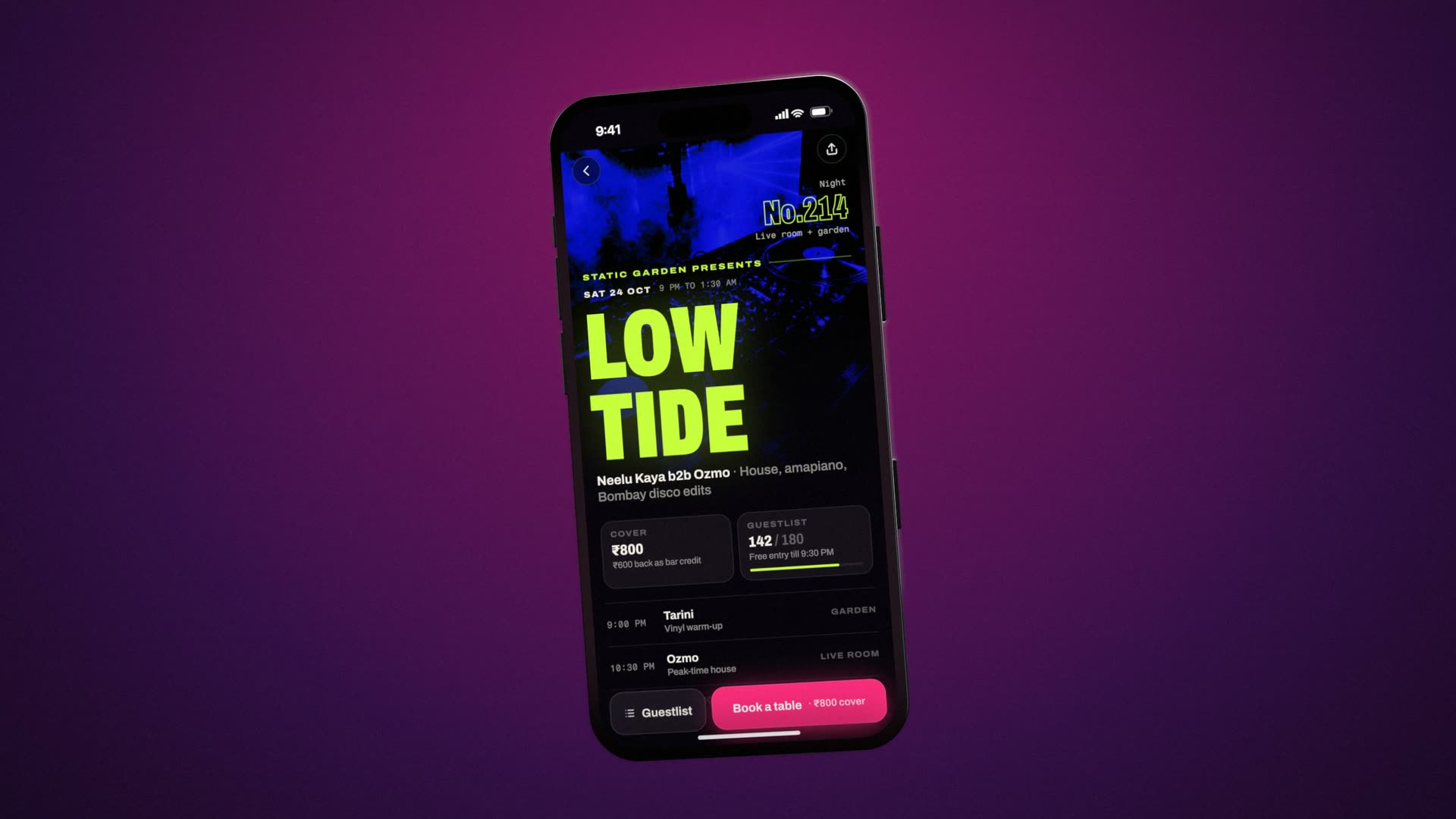 The Low Tide gig page on a phone: LOW TIDE in acid green over ultraviolet, cover ₹800, guestlist 142 of 180, and the line-up.