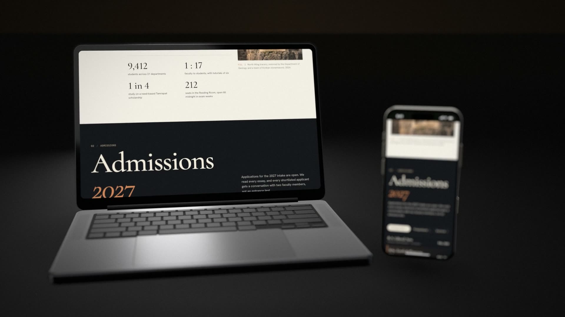 Admissions 2027 on the laptop and on the phone, in basalt with copper type.