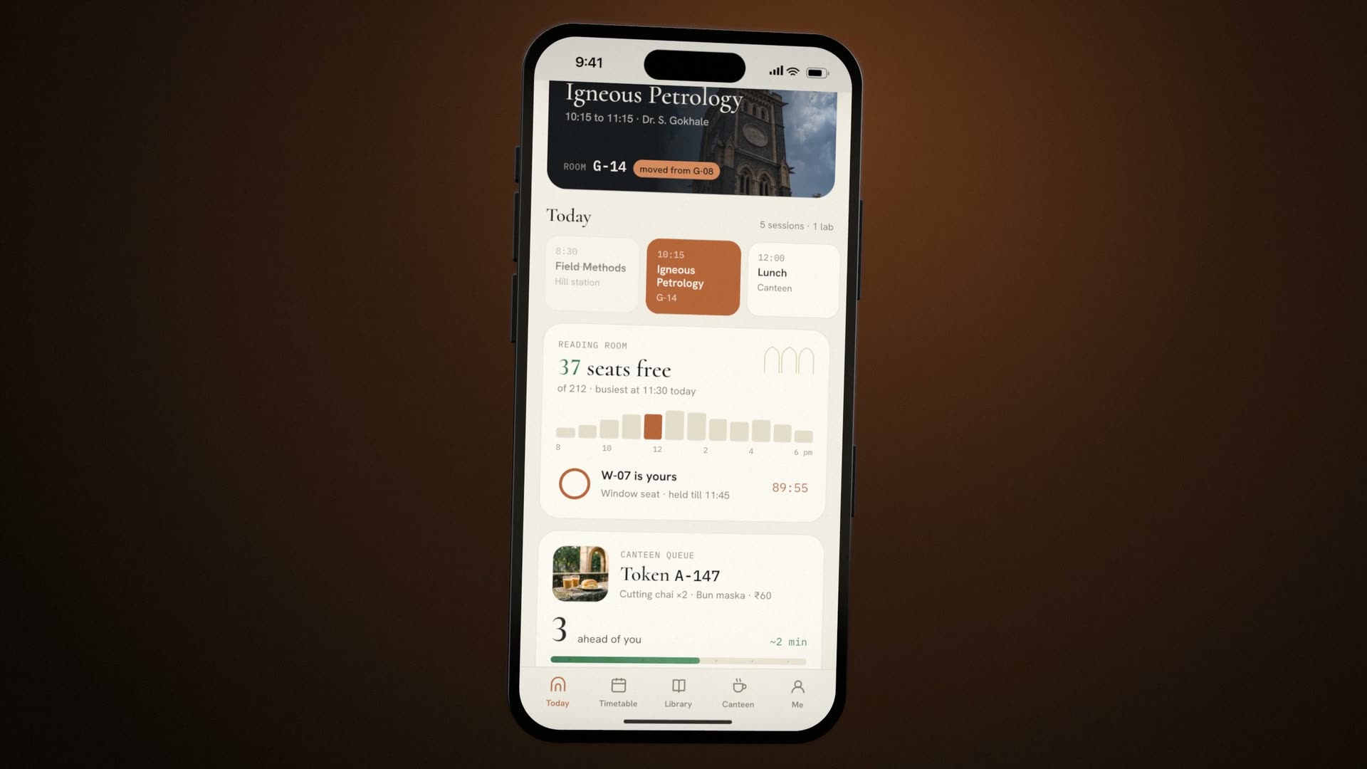 The student app's Today screen: Igneous Petrology moved to G-14, 37 seats free in the Reading Room, W-07 held, canteen token A-147.
