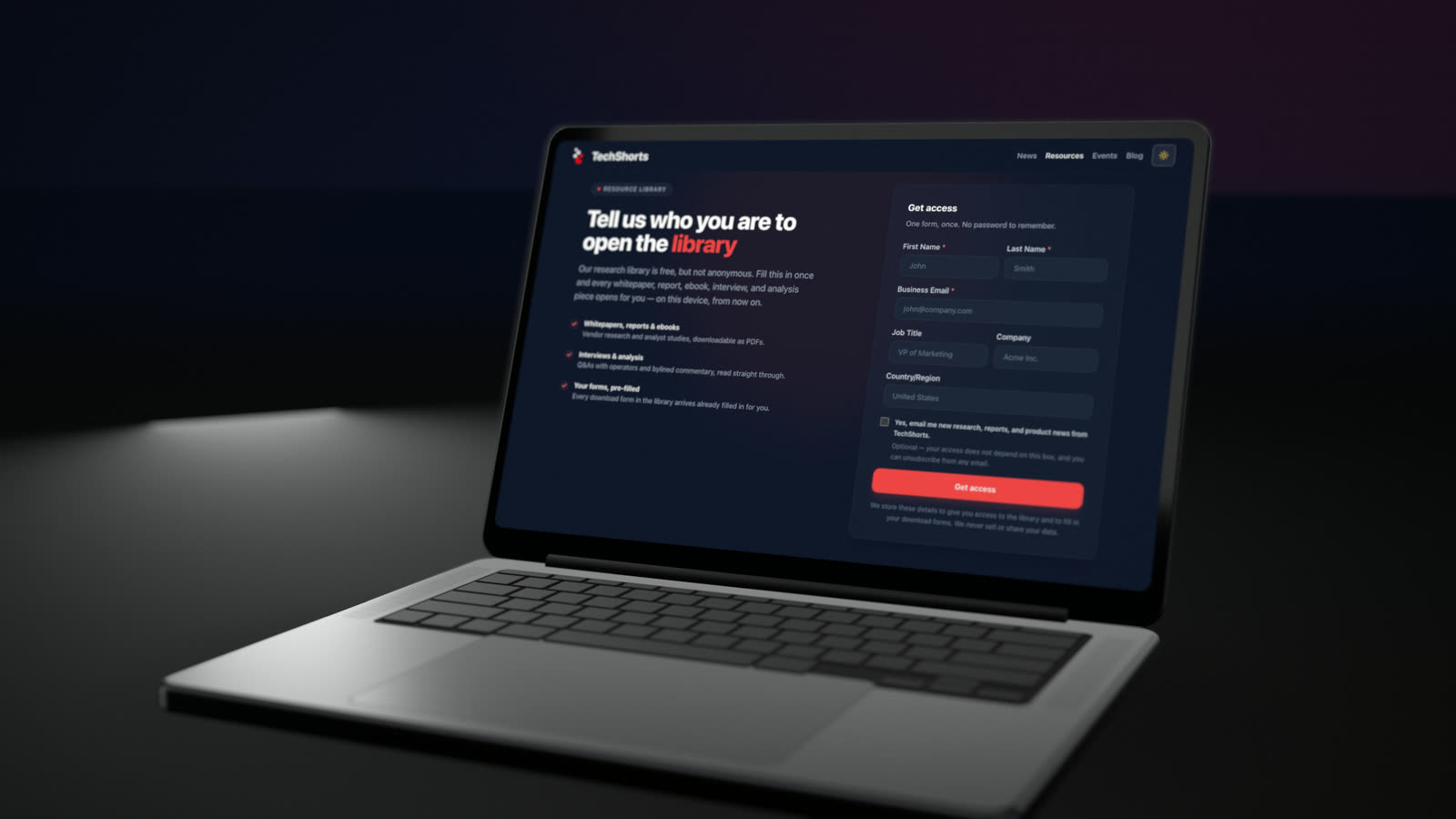 The TechShorts resources page on a laptop: one form opens the whole whitepaper library